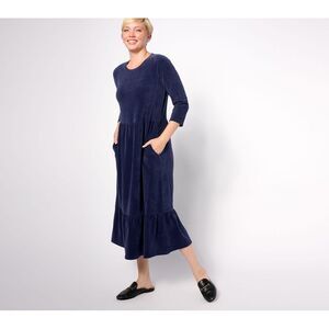 Denim & Co. Women's Dress Sz L Heritage Velour Knit Midi Blue A624163